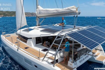 Solar panels for boats installed on a catamaran to generate clean electricity at sea.