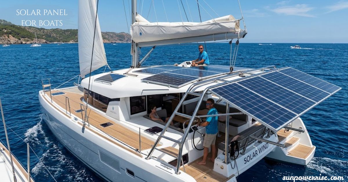 Solar panels for boats installed on a catamaran to generate clean electricity at sea.