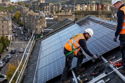Solar panel installers Edinburgh fitting solar panels on a city rooftop
