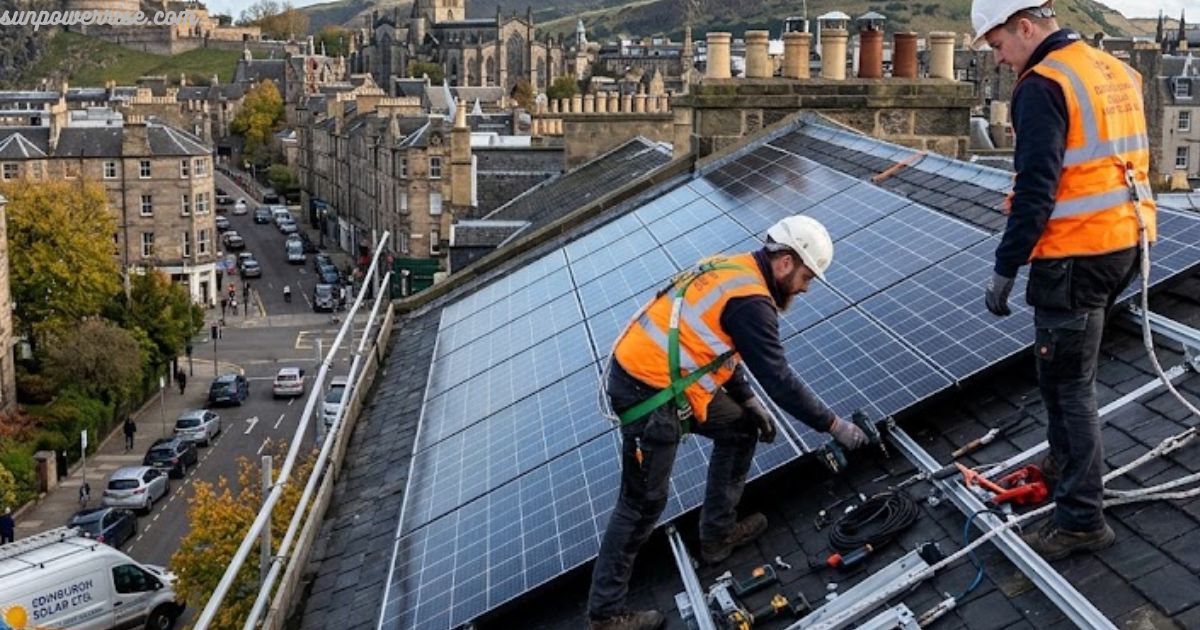 Solar panel installers Edinburgh fitting solar panels on a city rooftop