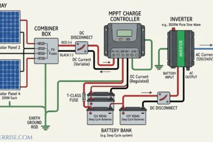 Solar panel wiring diagram showing four 200W PV panels connected to a combiner box and DC disconnect, then to an MPPT charge controller, 12V 100Ah battery bank, 3000W pure sine wave inverter, AC loads, and earth ground.
