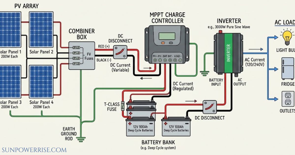 Solar panel wiring diagram showing four 200W PV panels connected to a combiner box and DC disconnect, then to an MPPT charge controller, 12V 100Ah battery bank, 3000W pure sine wave inverter, AC loads, and earth ground.