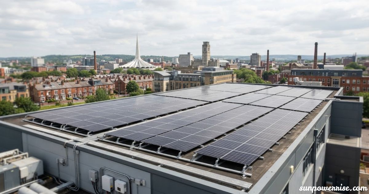 Solar panels Leeds on a commercial rooftop