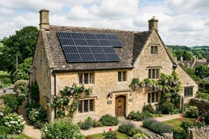 Solar panels on listed buildings in a UK village.