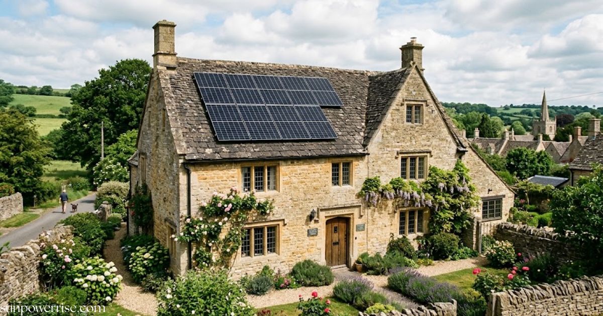 Solar panels on listed buildings in a UK village.