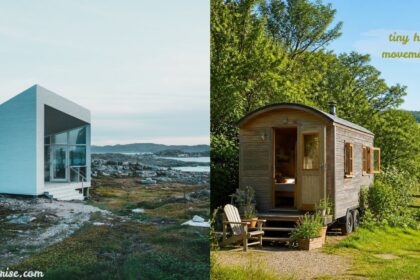 Tiny house movement UK featuring a modern coastal tiny home and a rustic wooden tiny house on wheels.