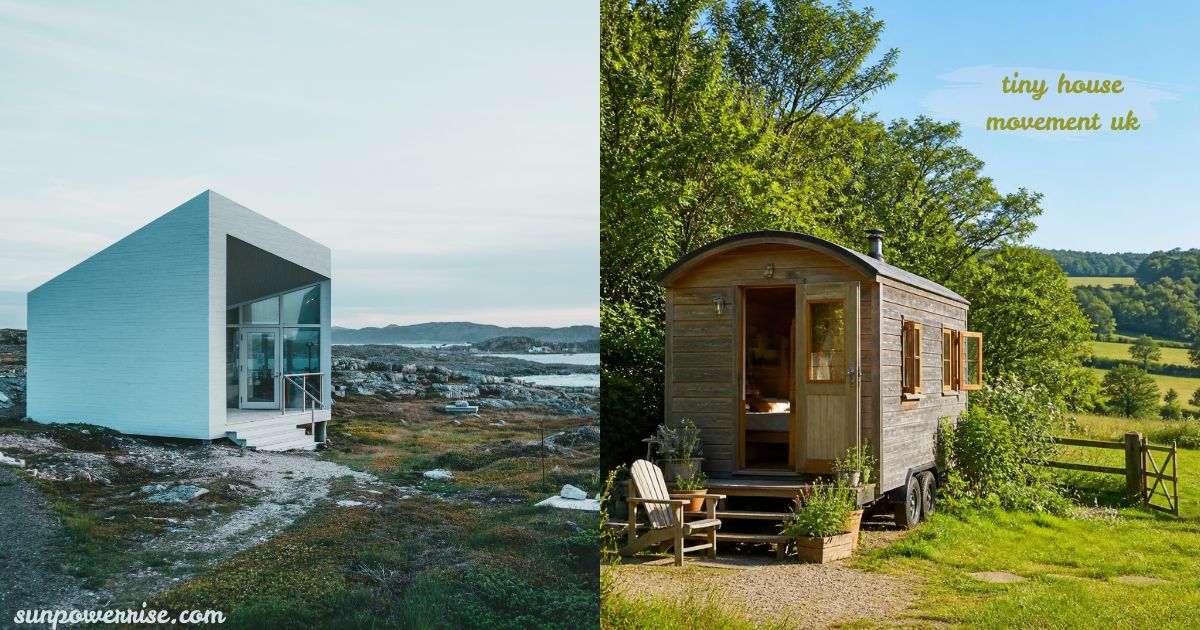 Tiny house movement UK featuring a modern coastal tiny home and a rustic wooden tiny house on wheels.