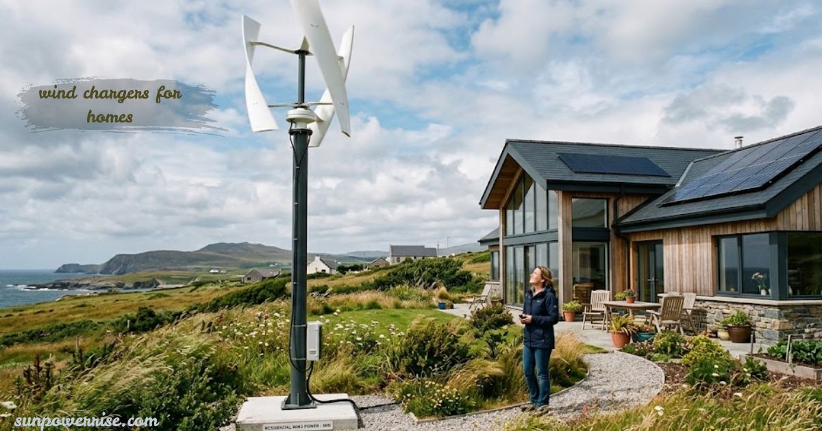 Residential wind chargers for homes combined with solar panels for sustainable household energy.