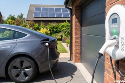Zappi EV charger charging an electric SUV outside a modern brick home with rooftop solar panels.