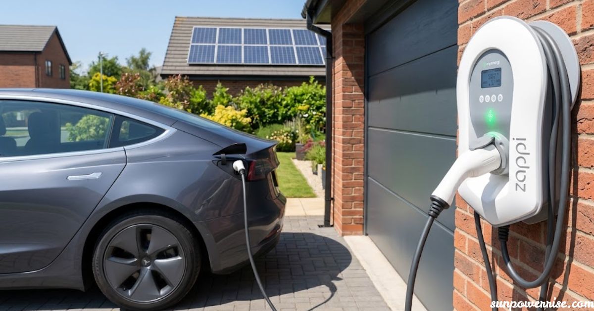 Zappi EV charger charging an electric SUV outside a modern brick home with rooftop solar panels.