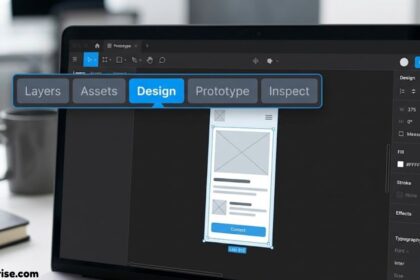 Design tab in a UI design tool showing mobile app layout and editing options on a laptop screen.
