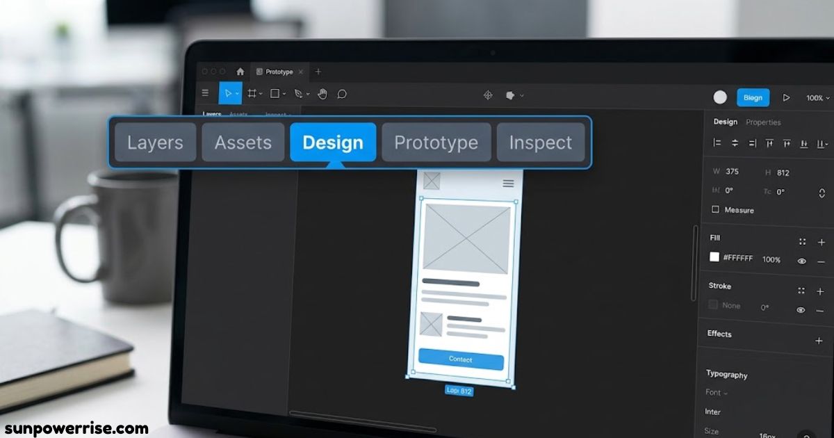 Design tab in a UI design tool showing mobile app layout and editing options on a laptop screen.