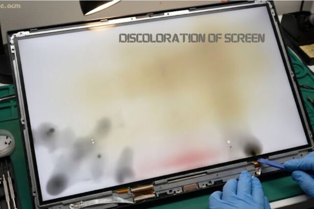 Discoloration of screen on a damaged monitor during repair