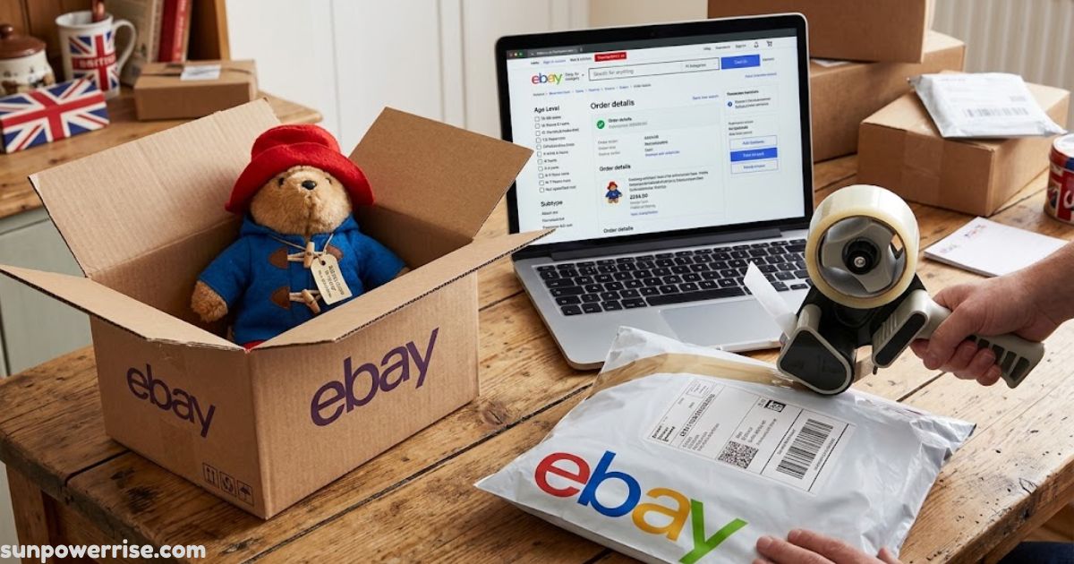 eBay UK only selling and shipping workspace with eBay orders, packages, and product listings.