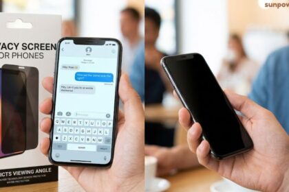 Privacy screen protecting a smartphone from side-angle viewing.
