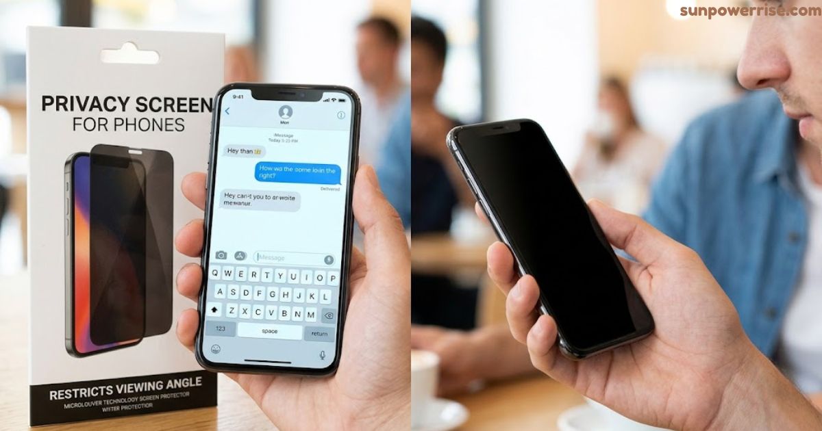 Privacy screen protecting a smartphone from side-angle viewing.