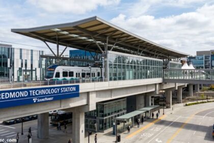 Redmond Technology Station transit hub with covered rail platform