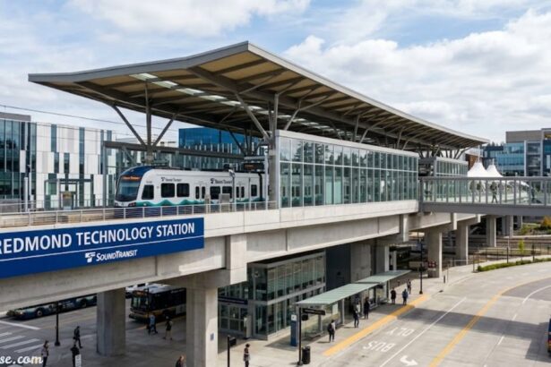 Redmond Technology Station transit hub with covered rail platform