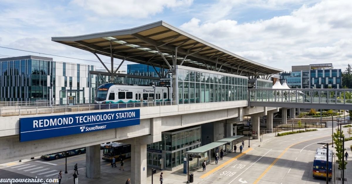 Redmond Technology Station transit hub with covered rail platform
