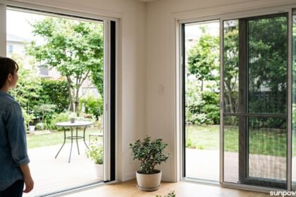 Retractable screen door installed in a modern home with a wide glass doorway overlooking the garden.
