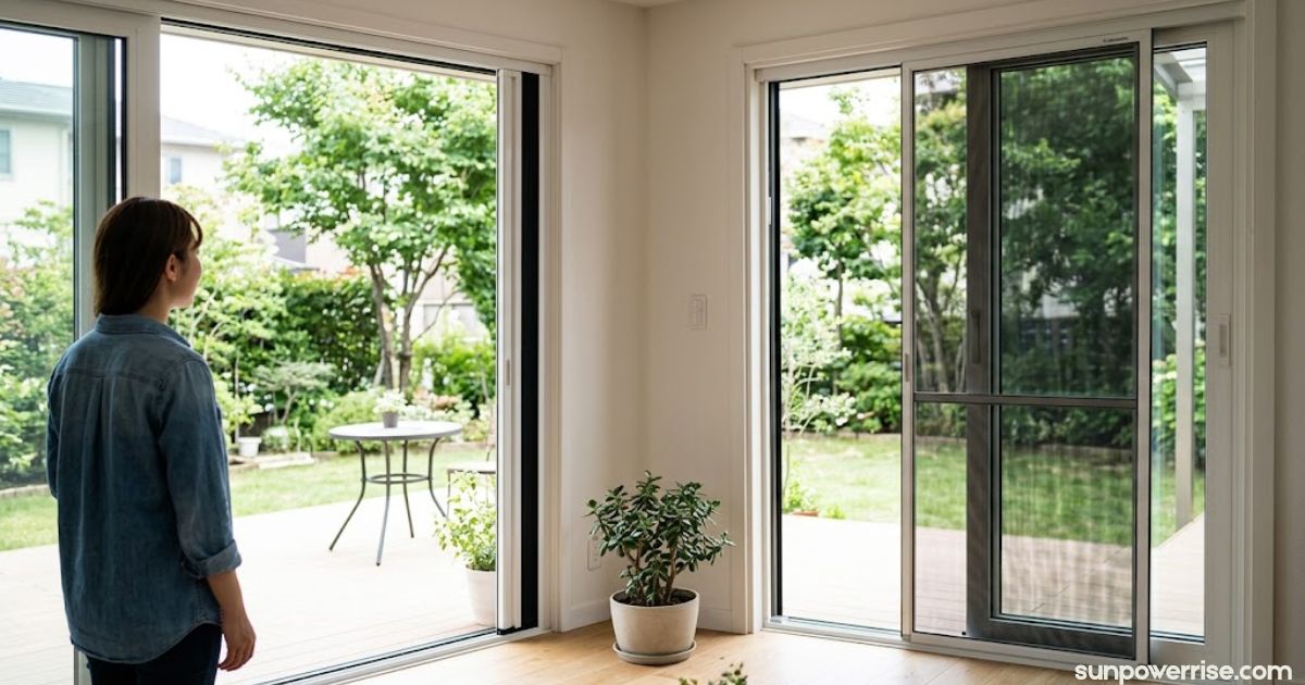 Retractable screen door installed in a modern home with a wide glass doorway overlooking the garden.