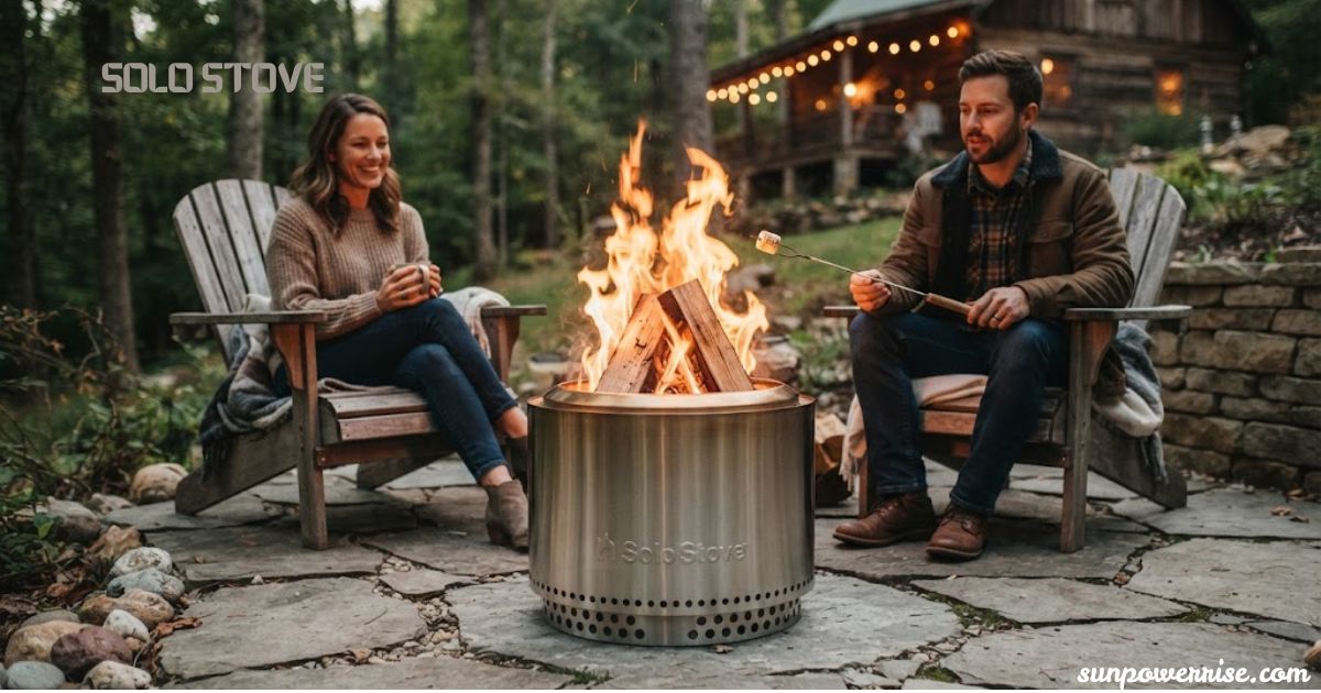Couple enjoying a campfire in a Solo Stove fire pit outside a rustic cabin in the woods.