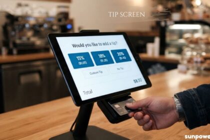Tip screen on a payment terminal displaying percentage-based tipping options at a restaurant.