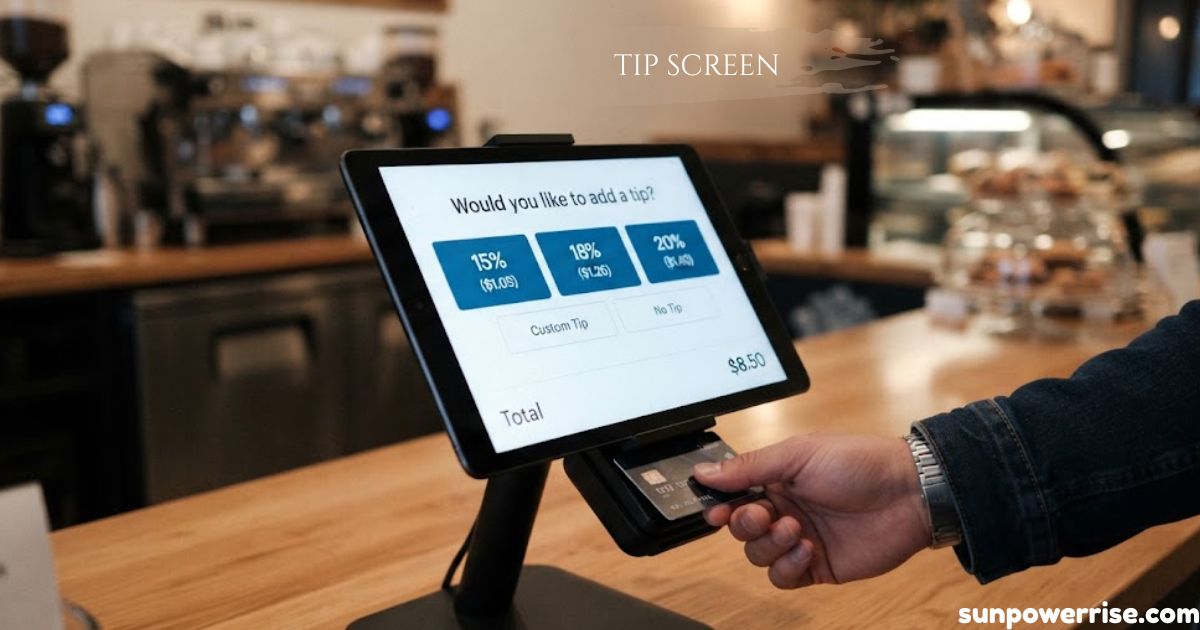 Tip screen on a payment terminal displaying percentage-based tipping options at a restaurant.